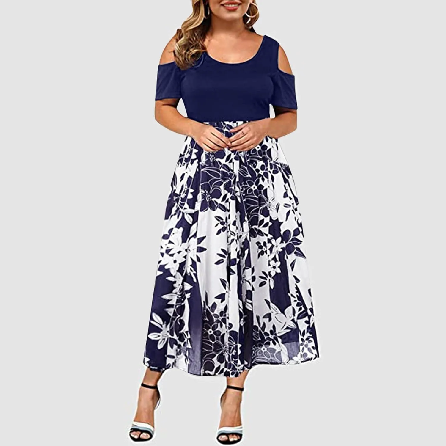 Womens Summer Dresses Casual Floral Print High Waist Long Dress Crew Neck Cold Shoulder Short Sleeve Midi Dresses
