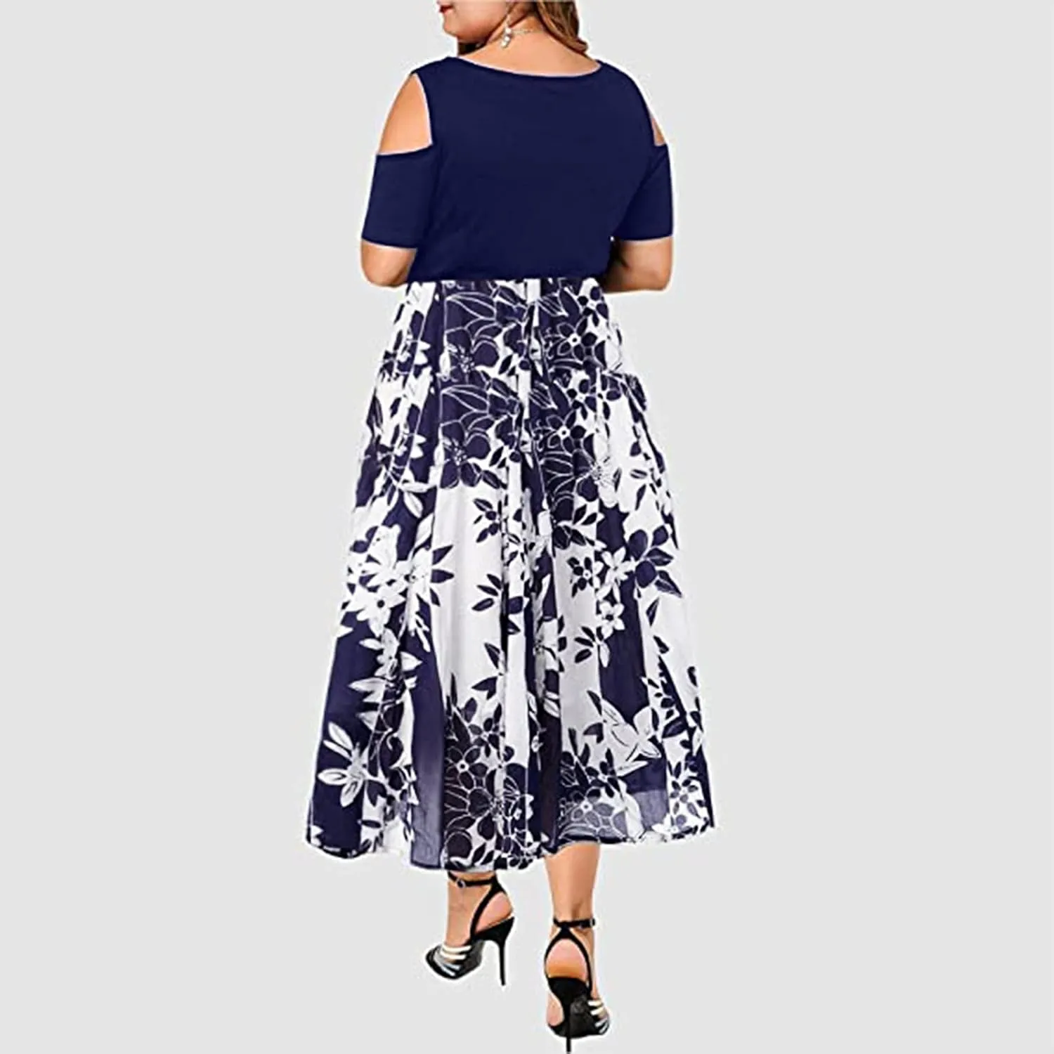 Womens Summer Dresses Casual Floral Print High Waist Long Dress Crew Neck Cold Shoulder Short Sleeve Midi Dresses