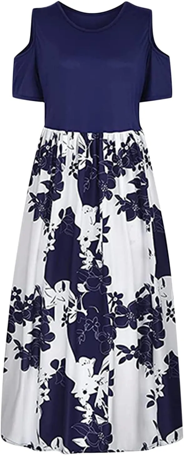 Womens Summer Dresses Casual Floral Print High Waist Long Dress Crew Neck Cold Shoulder Short Sleeve Midi Dresses