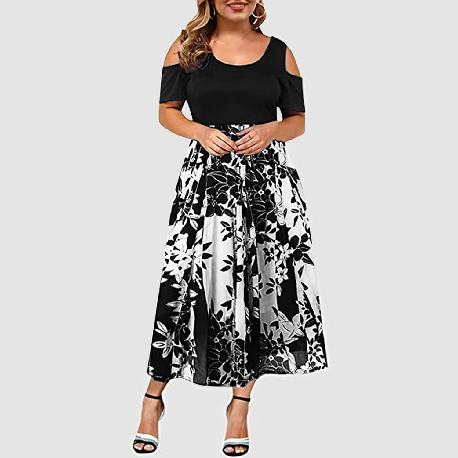 Womens Summer Dresses Casual Floral Print High Waist Long Dress Crew Neck Cold Shoulder Short Sleeve Midi Dresses