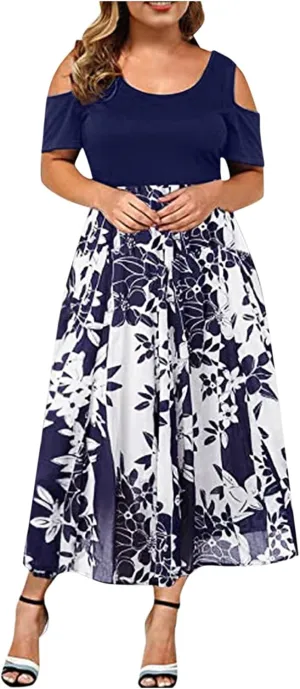 Womens Summer Dresses Casual Floral Print High Waist Long Dress Crew Neck Cold Shoulder Short Sleeve Midi Dresses