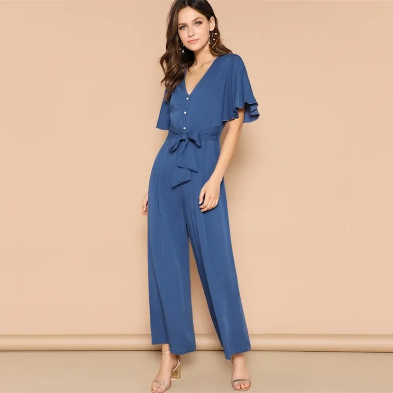 Women's Summer High Waist Belted V-Neck Jumpsuit