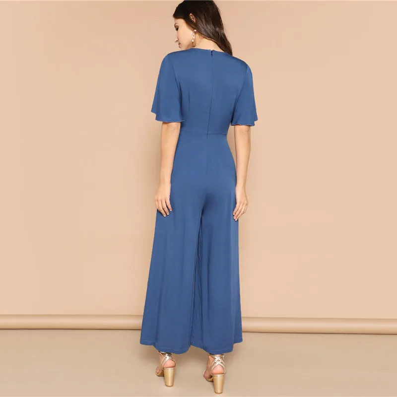 Women's Summer High Waist Belted V-Neck Jumpsuit