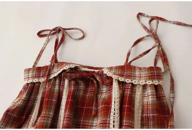 Women's Summer Japanese Style Lace-up Bow Spliced Lace Edged Plaid Small Camisole Tops Sweet Hot Girl Age-reducing Sling Vest