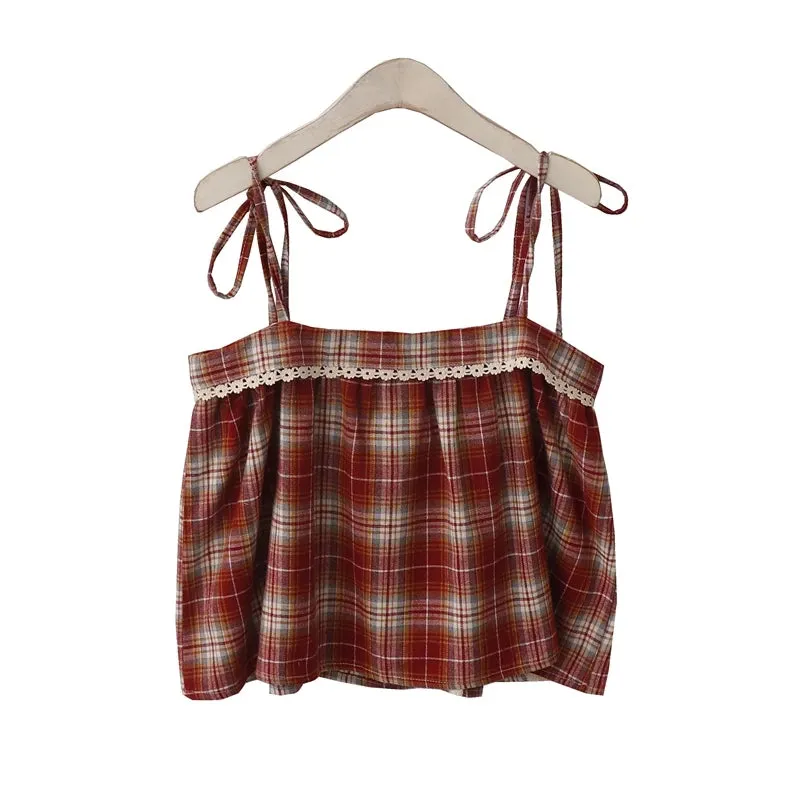 Women's Summer Japanese Style Lace-up Bow Spliced Lace Edged Plaid Small Camisole Tops Sweet Hot Girl Age-reducing Sling Vest