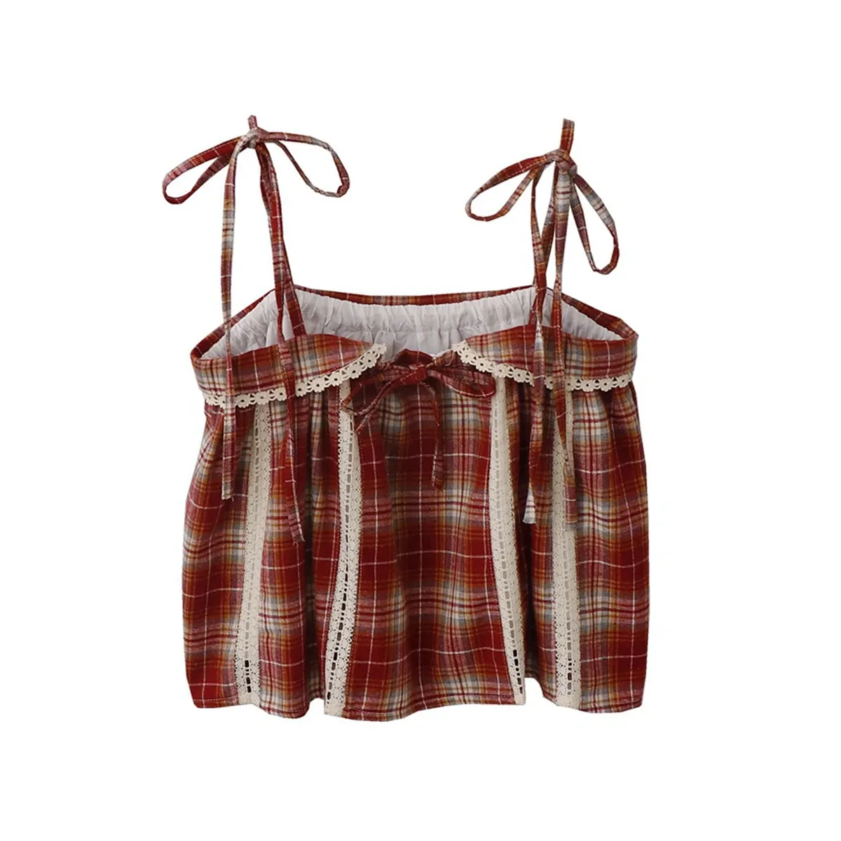Women's Summer Japanese Style Lace-up Bow Spliced Lace Edged Plaid Small Camisole Tops Sweet Hot Girl Age-reducing Sling Vest
