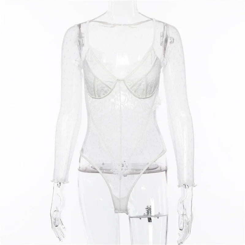 Women's Summer Long-Sleeved V-Neck Mesh Lace Bodysuit