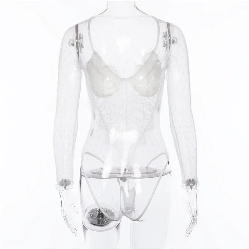 Women's Summer Long-Sleeved V-Neck Mesh Lace Bodysuit