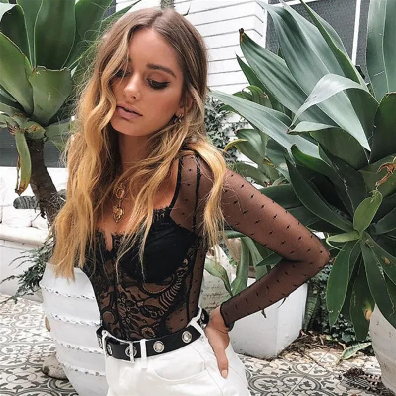 Women's Summer Long-Sleeved V-Neck Mesh Lace Bodysuit