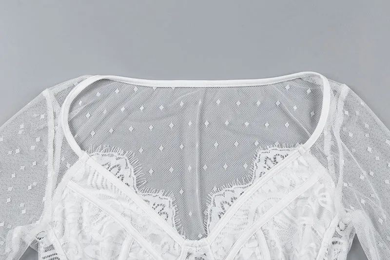 Women's Summer Long-Sleeved V-Neck Mesh Lace Bodysuit