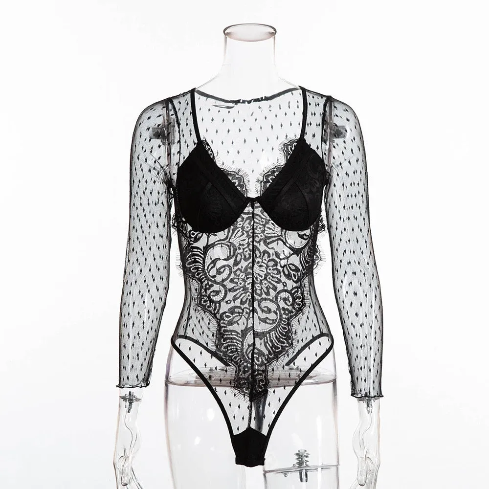 Women's Summer Long-Sleeved V-Neck Mesh Lace Bodysuit