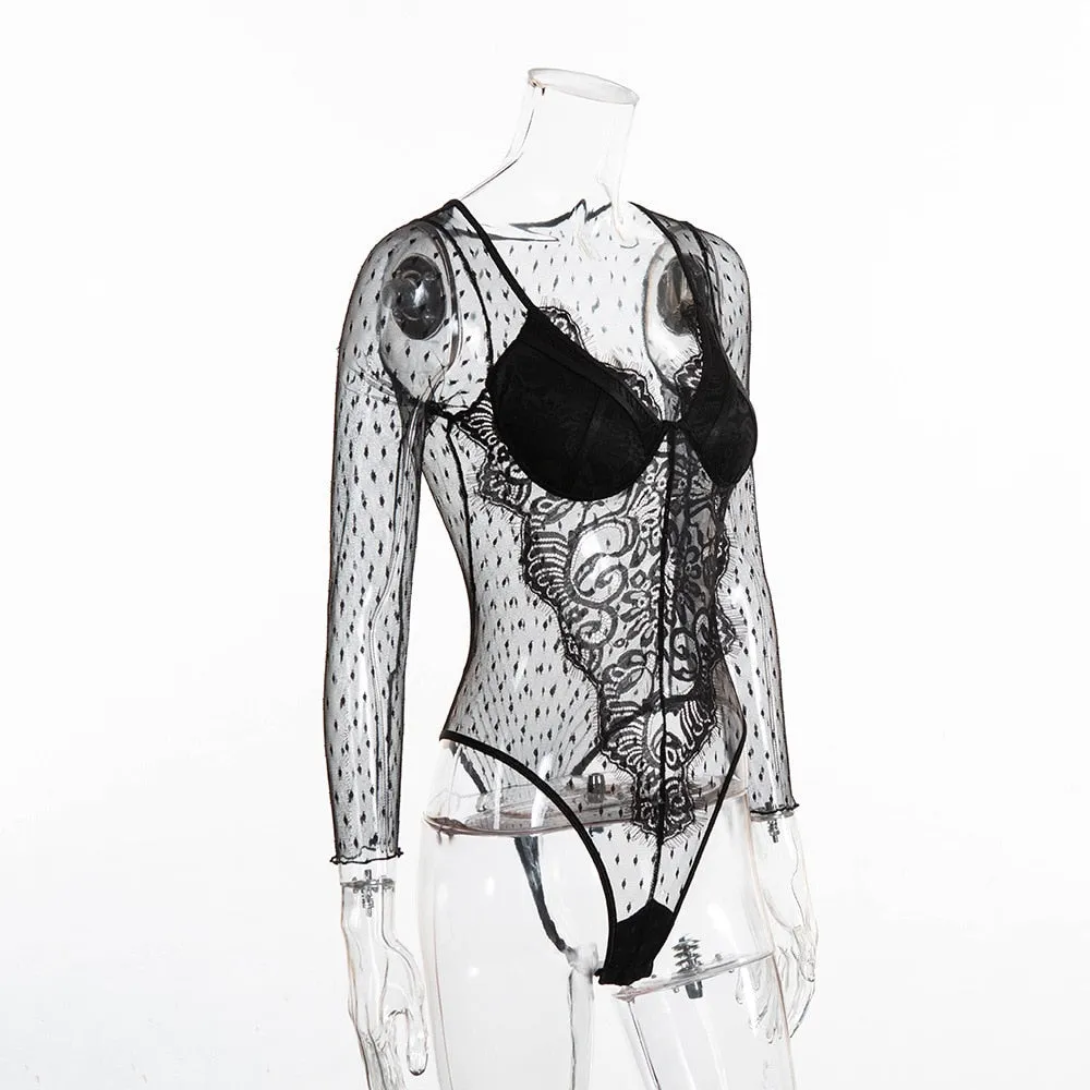 Women's Summer Long-Sleeved V-Neck Mesh Lace Bodysuit