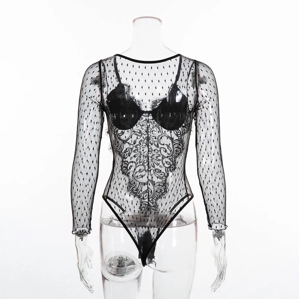 Women's Summer Long-Sleeved V-Neck Mesh Lace Bodysuit