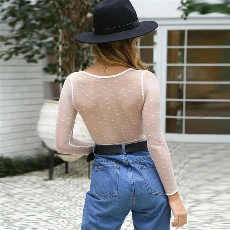 Women's Summer Long-Sleeved V-Neck Mesh Lace Bodysuit