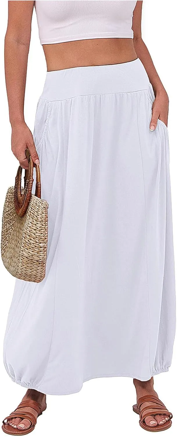Women's Summer Maxi Skirts 2025 Trendy Solid High Waisted Ankle Length Skirt Casual Flowy Ruffle Hem Balloon Skirts