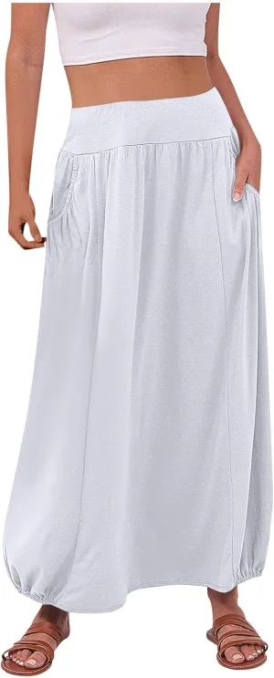 Women's Summer Maxi Skirts 2025 Trendy Solid High Waisted Ankle Length Skirt Casual Flowy Ruffle Hem Balloon Skirts