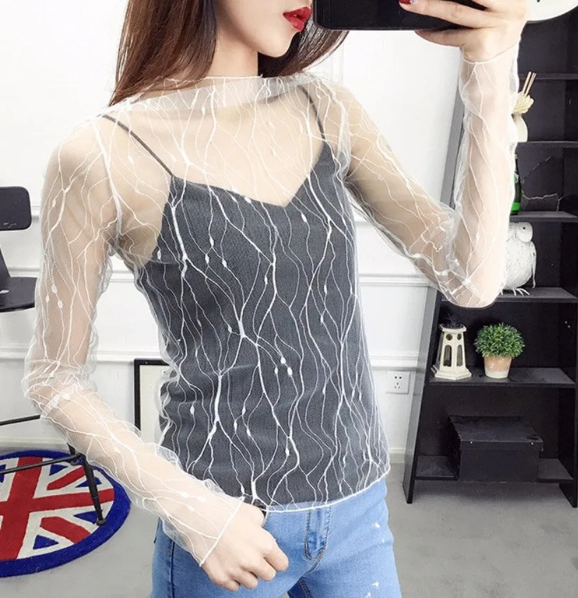 Women's Summer Mesh Transparent Long-Sleeved T-Shirt