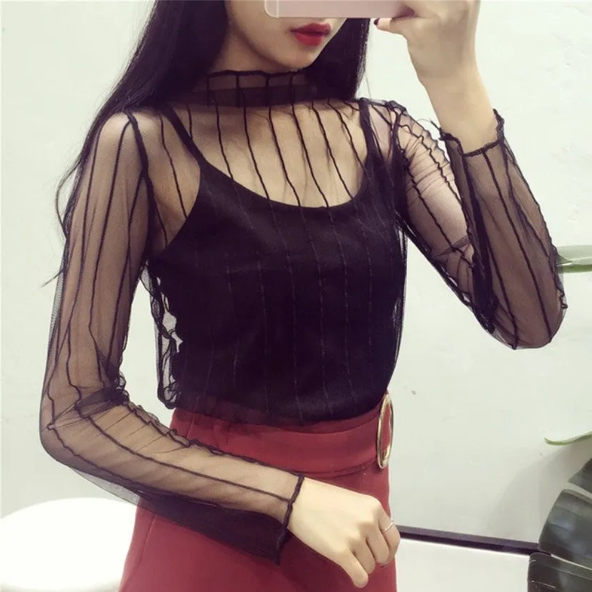 Women's Summer Mesh Transparent Long-Sleeved T-Shirt