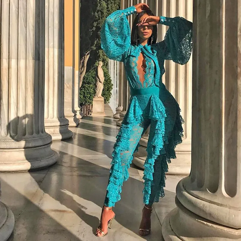 Women's Summer O-Neck Lace Long-Sleeved Jumpsuit