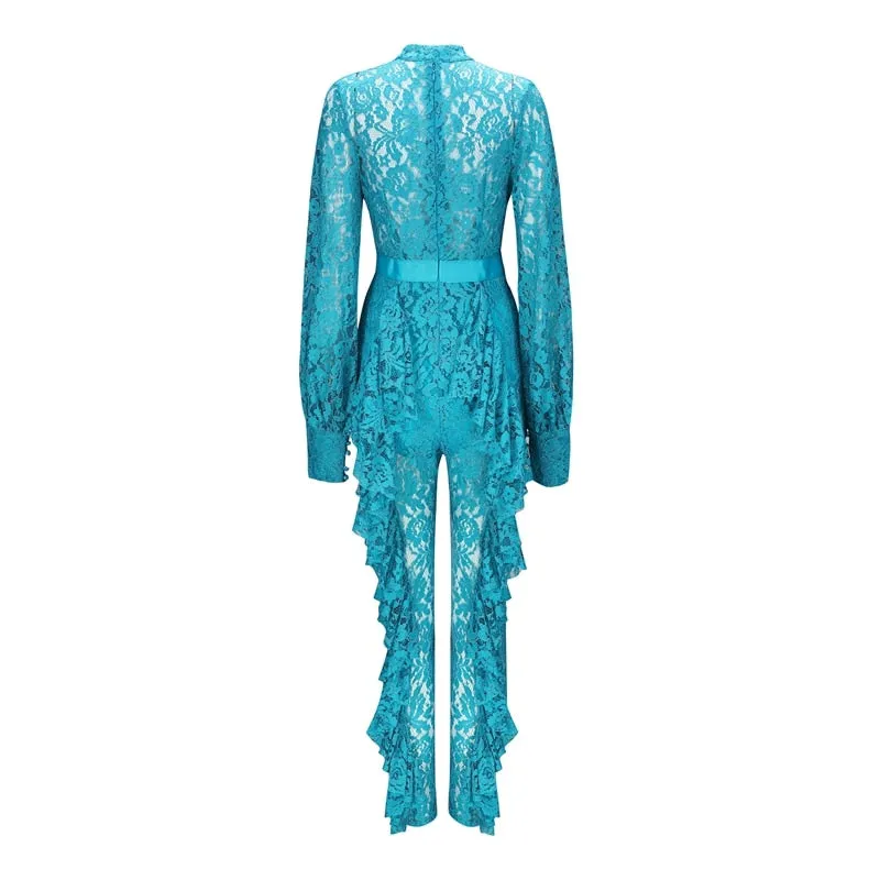 Women's Summer O-Neck Lace Long-Sleeved Jumpsuit