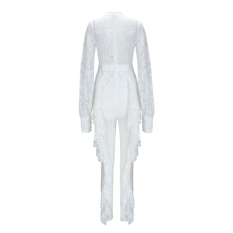 Women's Summer O-Neck Lace Long-Sleeved Jumpsuit