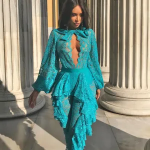 Women's Summer O-Neck Lace Long-Sleeved Jumpsuit