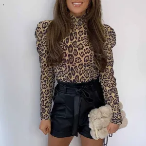 Women's Summer Polyester Leopard Puff-Sleeved T-Shirt