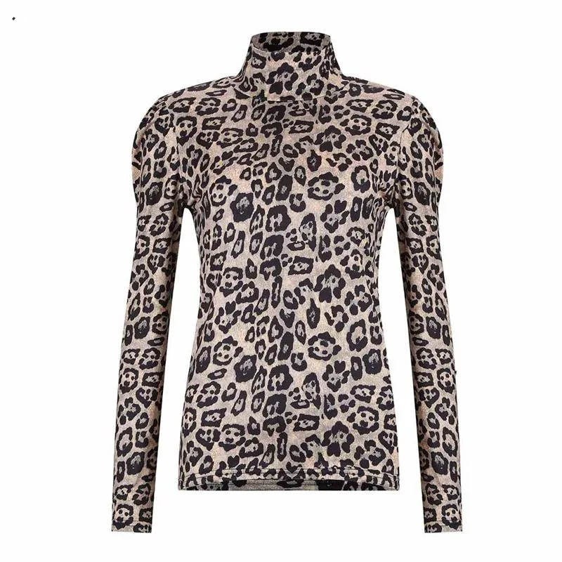 Women's Summer Polyester Leopard Puff-Sleeved T-Shirt