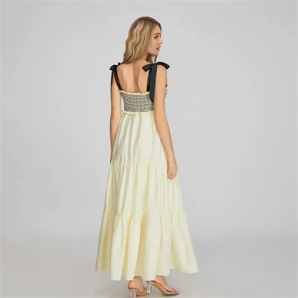 Women's Summer Slip Dress Printed V Neck Sleeveless Lace Up Slim Fit Maxi Dress