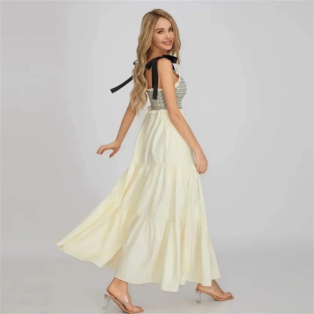 Women's Summer Slip Dress Printed V Neck Sleeveless Lace Up Slim Fit Maxi Dress