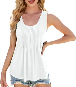 Women's Summer Tank Tops Casual Sleeveless Crew Neck Pleated Flowy Tee Shirts Summer Loose Fit Boho Tunic Blouse