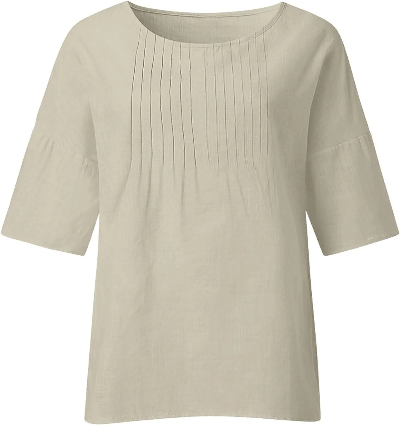 Womens Summer Tops Casual Cotton Linen T-Shirts 3/4 Length Sleeve Crew Neck Pleated Front Side Slit Plus Size Tops