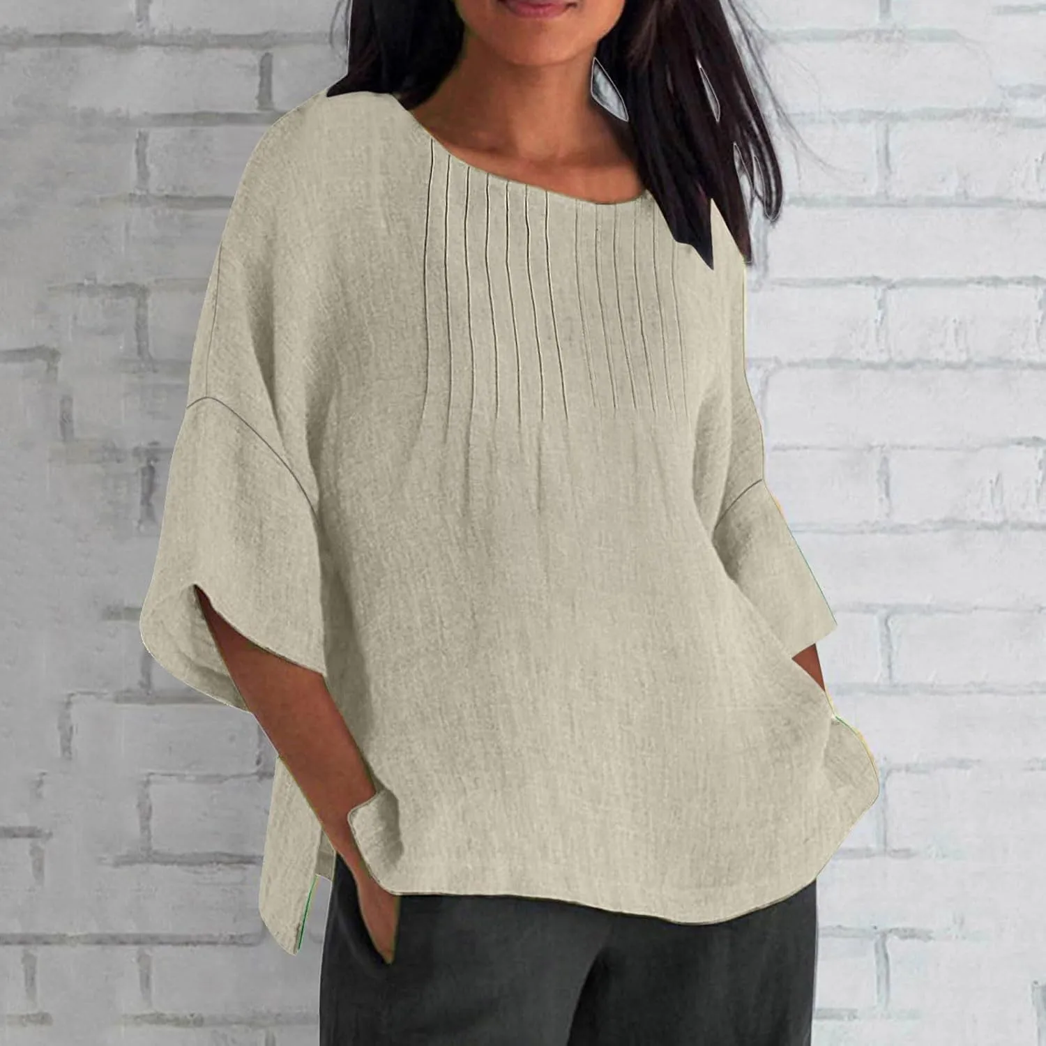 Womens Summer Tops Casual Cotton Linen T-Shirts 3/4 Length Sleeve Crew Neck Pleated Front Side Slit Plus Size Tops