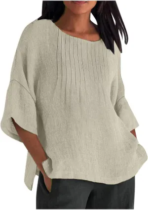 Womens Summer Tops Casual Cotton Linen T-Shirts 3/4 Length Sleeve Crew Neck Pleated Front Side Slit Plus Size Tops