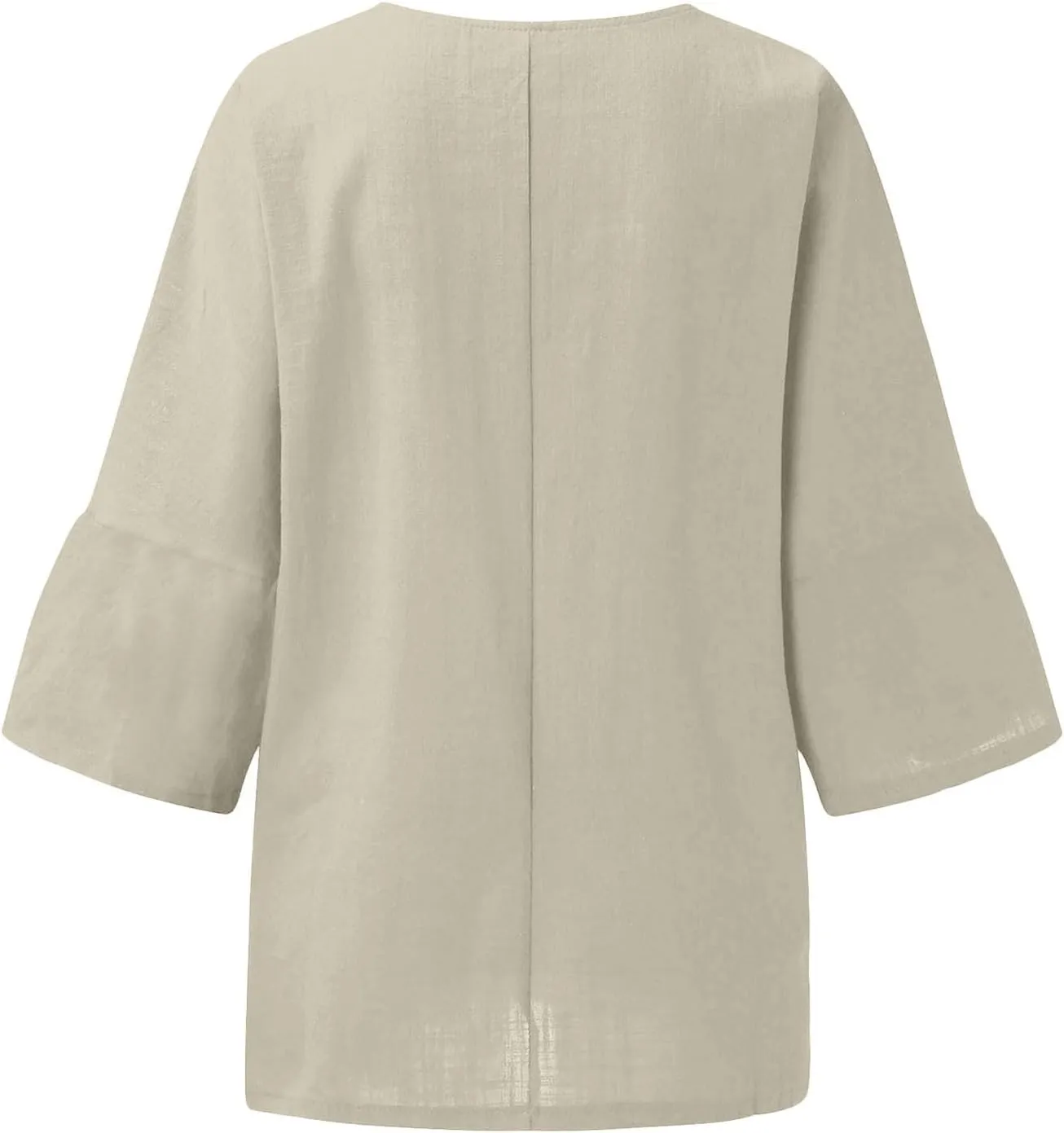 Womens Summer Tops Casual Cotton Linen T-Shirts 3/4 Length Sleeve Crew Neck Pleated Front Side Slit Plus Size Tops