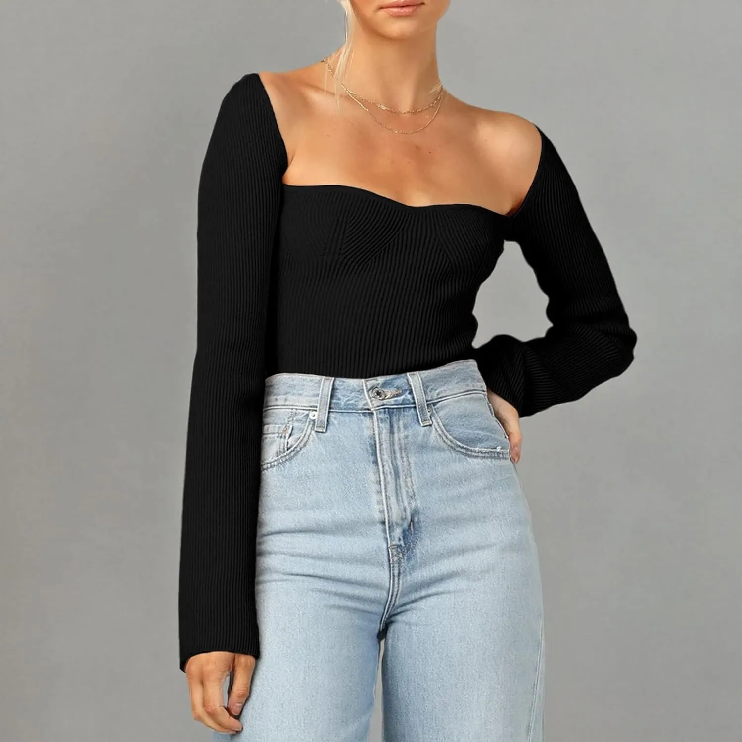 Womens Sweater Tops Sweetheart Neck Ribbed Bustier Corset Knit Long Sleeve Pullover Sweater Top