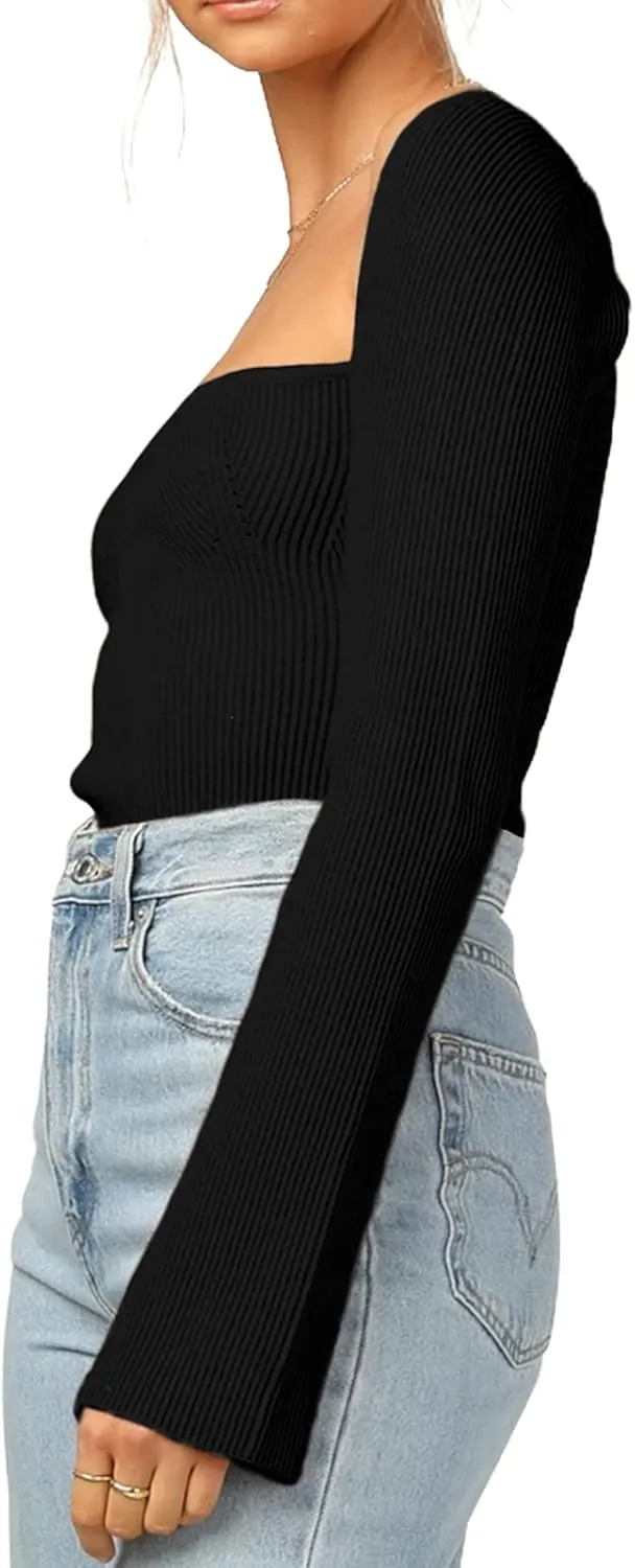 Womens Sweater Tops Sweetheart Neck Ribbed Bustier Corset Knit Long Sleeve Pullover Sweater Top