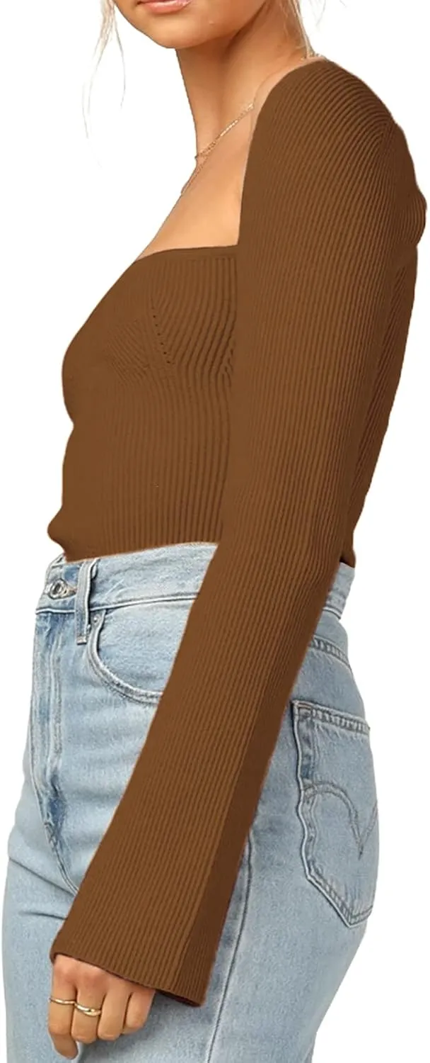 Womens Sweater Tops Sweetheart Neck Ribbed Bustier Corset Knit Long Sleeve Pullover Sweater Top