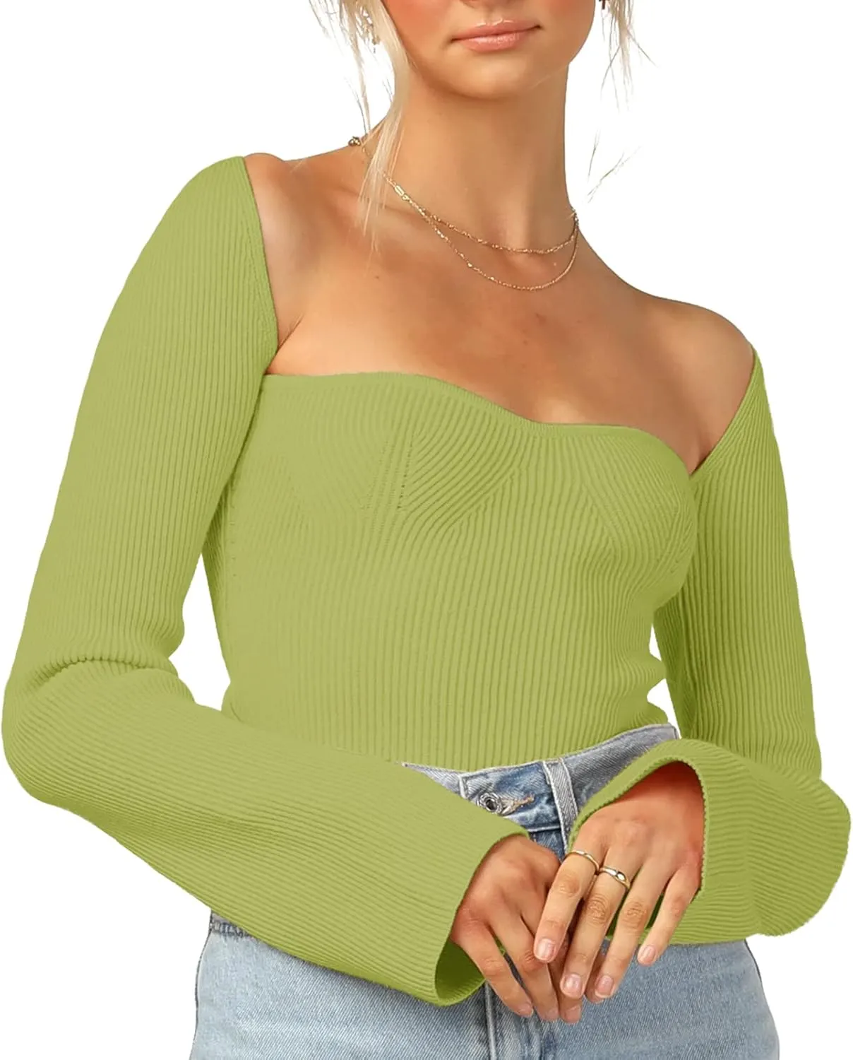 Womens Sweater Tops Sweetheart Neck Ribbed Bustier Corset Knit Long Sleeve Pullover Sweater Top