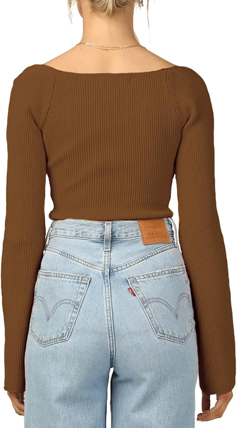 Womens Sweater Tops Sweetheart Neck Ribbed Bustier Corset Knit Long Sleeve Pullover Sweater Top