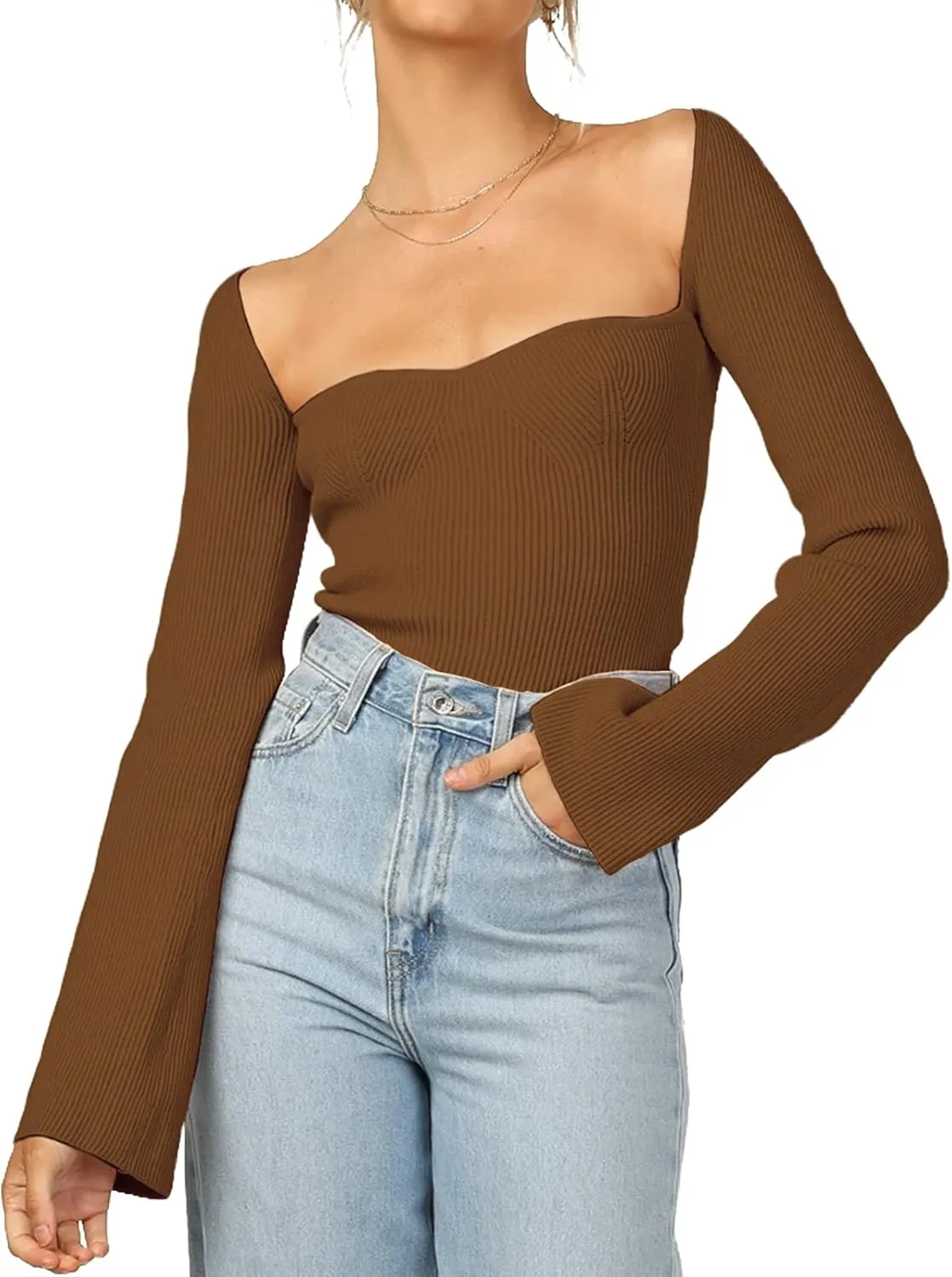 Womens Sweater Tops Sweetheart Neck Ribbed Bustier Corset Knit Long Sleeve Pullover Sweater Top