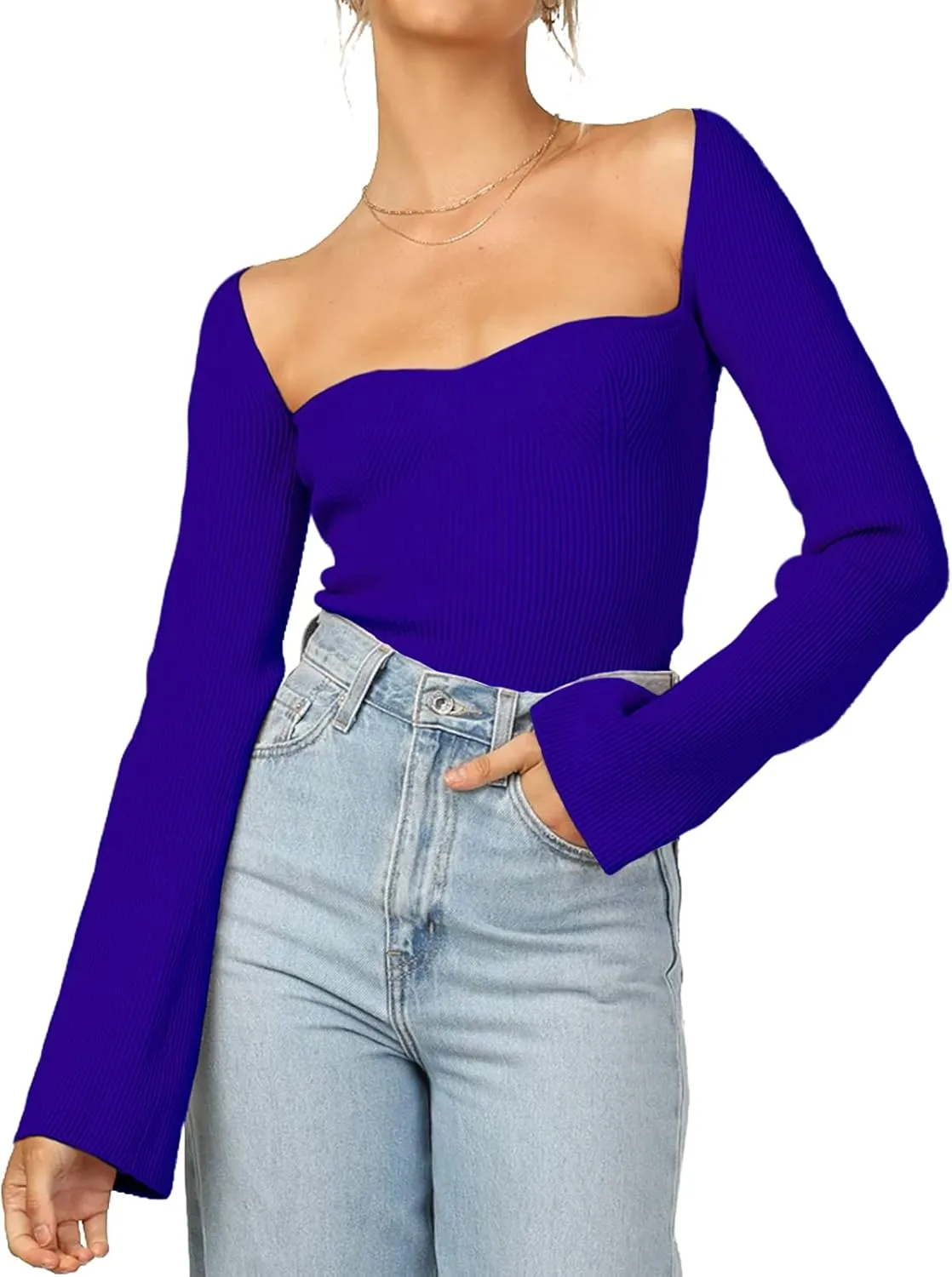 Womens Sweater Tops Sweetheart Neck Ribbed Bustier Corset Knit Long Sleeve Pullover Sweater Top