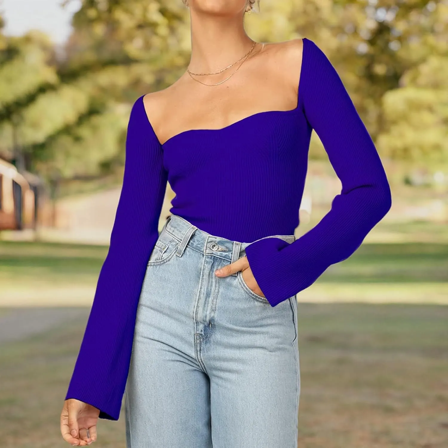 Womens Sweater Tops Sweetheart Neck Ribbed Bustier Corset Knit Long Sleeve Pullover Sweater Top