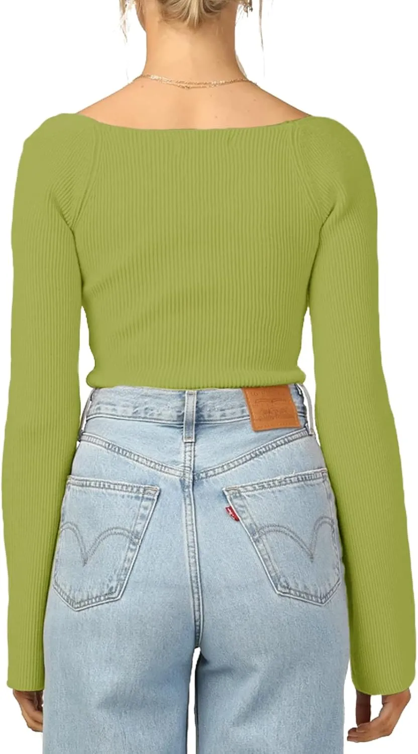 Womens Sweater Tops Sweetheart Neck Ribbed Bustier Corset Knit Long Sleeve Pullover Sweater Top