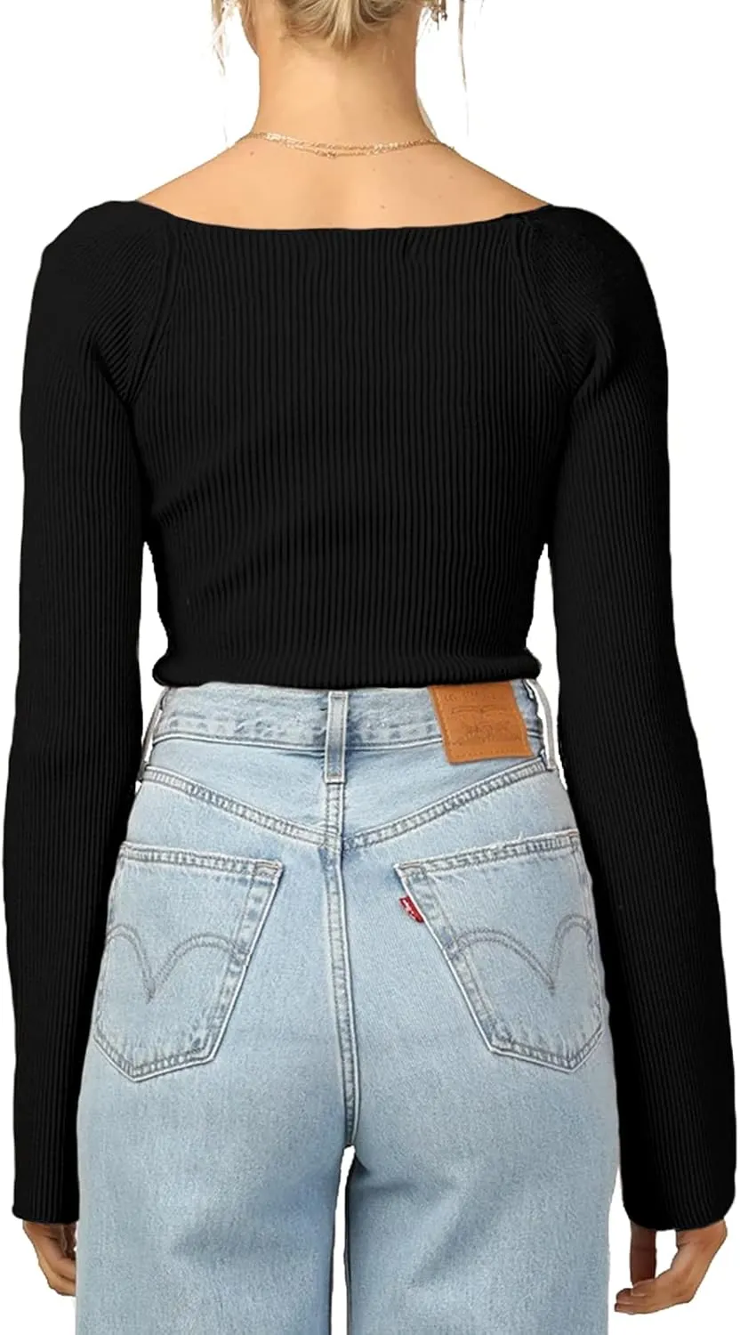 Womens Sweater Tops Sweetheart Neck Ribbed Bustier Corset Knit Long Sleeve Pullover Sweater Top