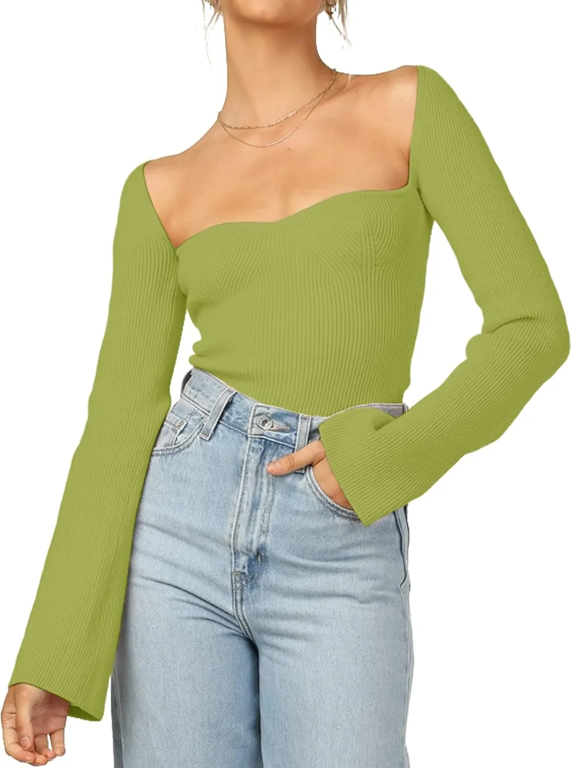 Womens Sweater Tops Sweetheart Neck Ribbed Bustier Corset Knit Long Sleeve Pullover Sweater Top