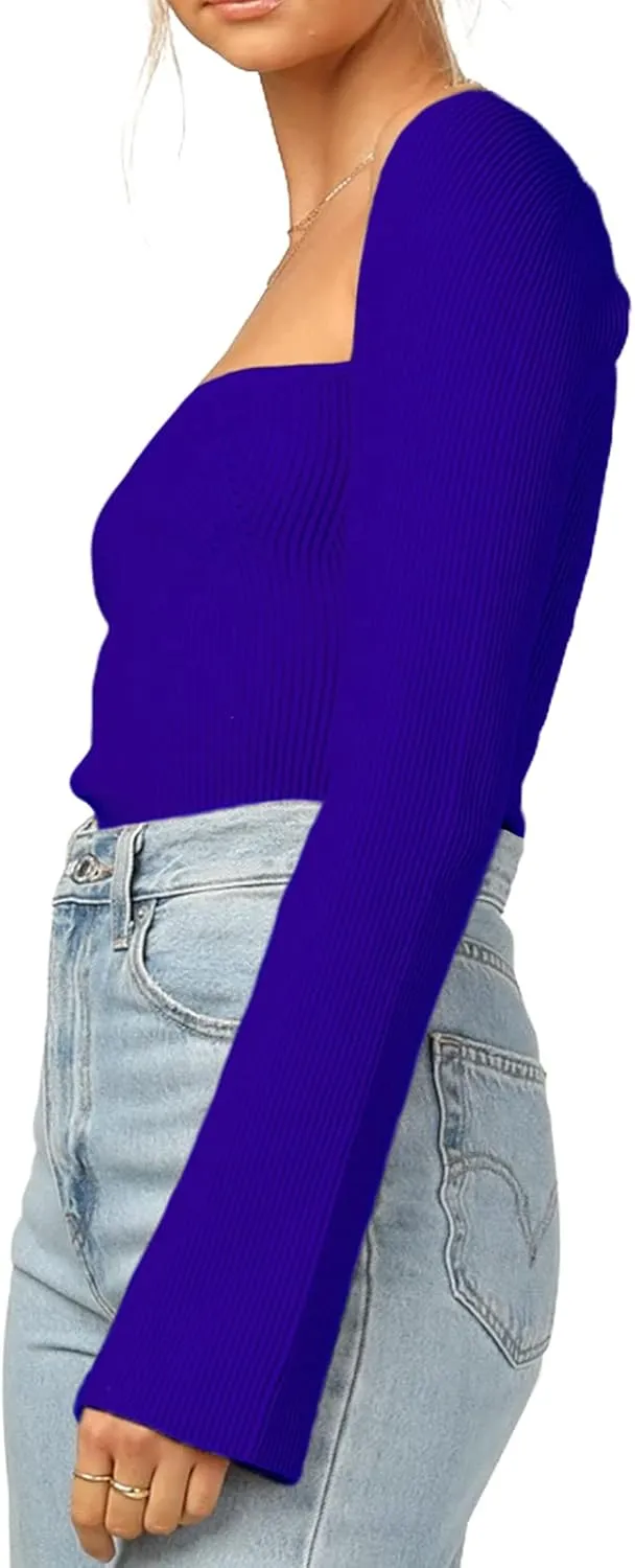 Womens Sweater Tops Sweetheart Neck Ribbed Bustier Corset Knit Long Sleeve Pullover Sweater Top