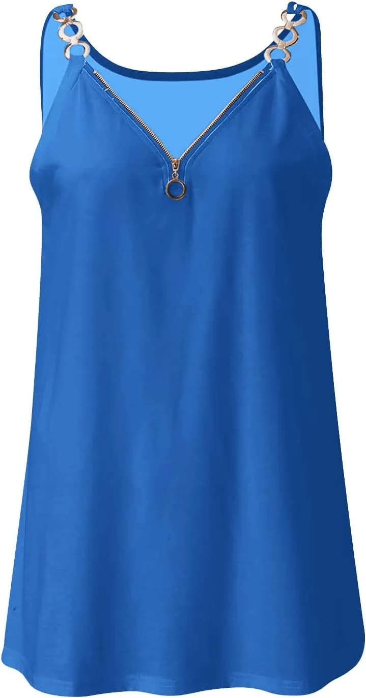 Women's Tank Tops Summer Fashion Half Zipper V Neck Sleeveless Blouses Casual Solid Loose Elegant Swing Beach Shirts