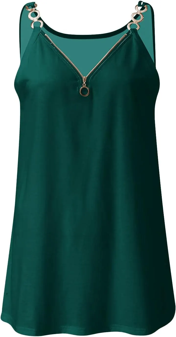 Women's Tank Tops Summer Fashion Half Zipper V Neck Sleeveless Blouses Casual Solid Loose Elegant Swing Beach Shirts