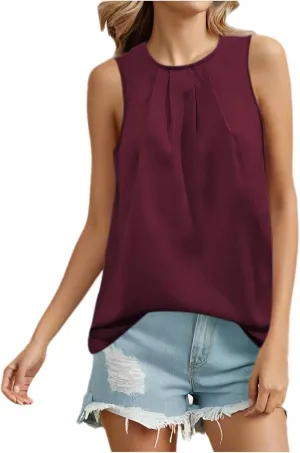 Women's Tank Tops Summer Solid Color Crewneck Sleeveless Pleated Blouse Casual Fashion Loose Fit Dressy Tunic Shirts
